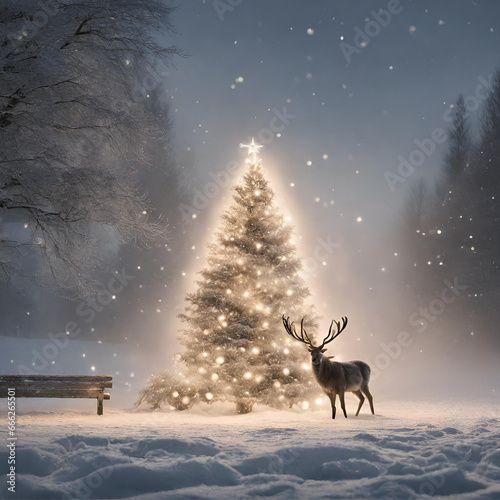 Snow covered christmas tree in winterwonderland  reindeer in front. Christmas gift card cover