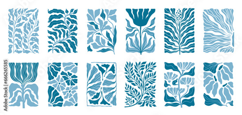 Matisse style flowers. Geometric plant pattern, abstract minimal modern collage, floral and nature trendy blue doodles. Vector illustration background 