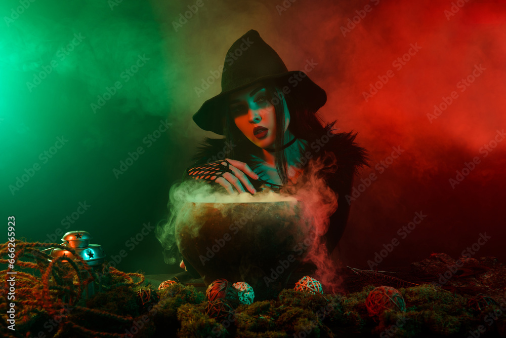 Fototapeta premium Photo of stunning lady powerful witch wicca making love potion look in future in mist neon background