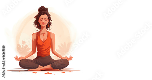 Young girl meditating on a white background with copy space. Lotus position. Colorful Illustration of a lady meditating or practicing yoga. Mind relaxation and stress relief concept