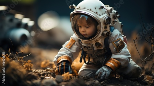 Child astronaut explorer found a new plant on an unknown alien planet