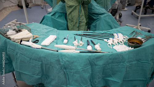 Laparoscopic surgery preparations and supplies. Nurse is preparing equipment for laparoscopic general surgery surgery