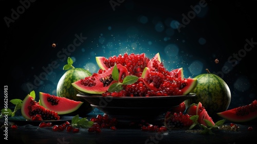 Happy yalda night, winter solstice festival, The birth of the sun or the moon, Copyspace background for text, grapes pomegranate watermelon, photo