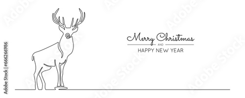 One continuous line drawing of reindeer. Wild animal deer silhouette for christmas symbol in simple linear style. National park elegance concept in editable stroke. Doodle vector illustration