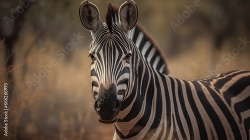 Zebra in African Savannah. Wildlife Concept. Background with copy space. 