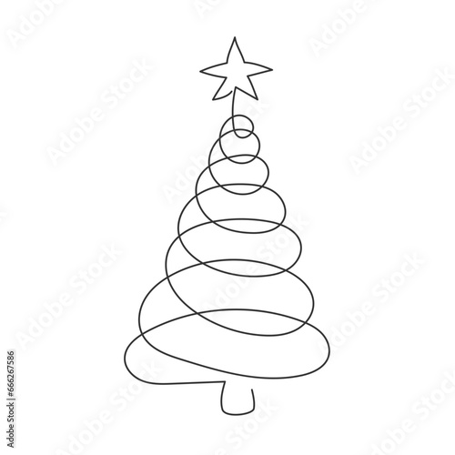 Abstract Christmas tree in continuous line style. Doodle one line drawn spruce pine fir isolated on white. Symbol of the New Year. Winter holidays element for design