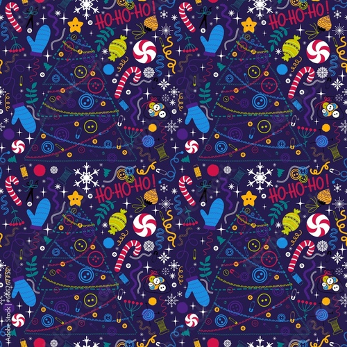 Fototapeta Naklejka Na Ścianę i Meble -  Christmas tree cartoon seamless buttons and gloves and candy and snowflakes pattern for sewer wrapping paper