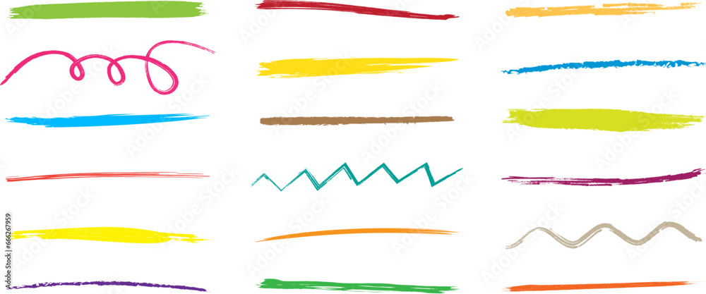 Brush line, charcoal scribble, colorful chalk, pencil stroke mark, crayon color, pen marker, sketch graffiti, paint doodle vector set, grunge effect. Drawing kids ink illustration - obrazy, fototapety, plakaty 