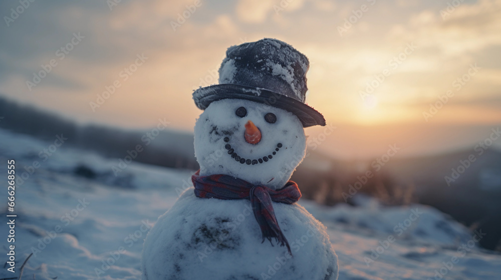 Obraz premium Snowman with hat and scarf