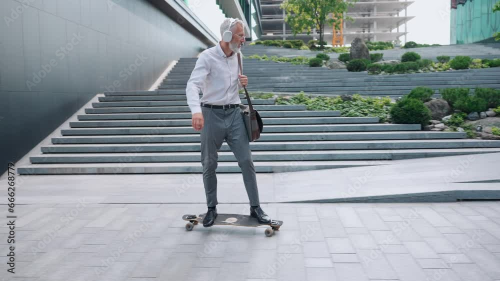 Concentrated elderly businessman in suit rides skateboard and listens to music on the way to work