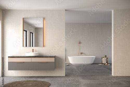 Modern minimalist bathroom interior  modern bathroom cabinet  white sink  wooden vanity  interior plants  bathroom accessories  bathtub and toilet  beige walls