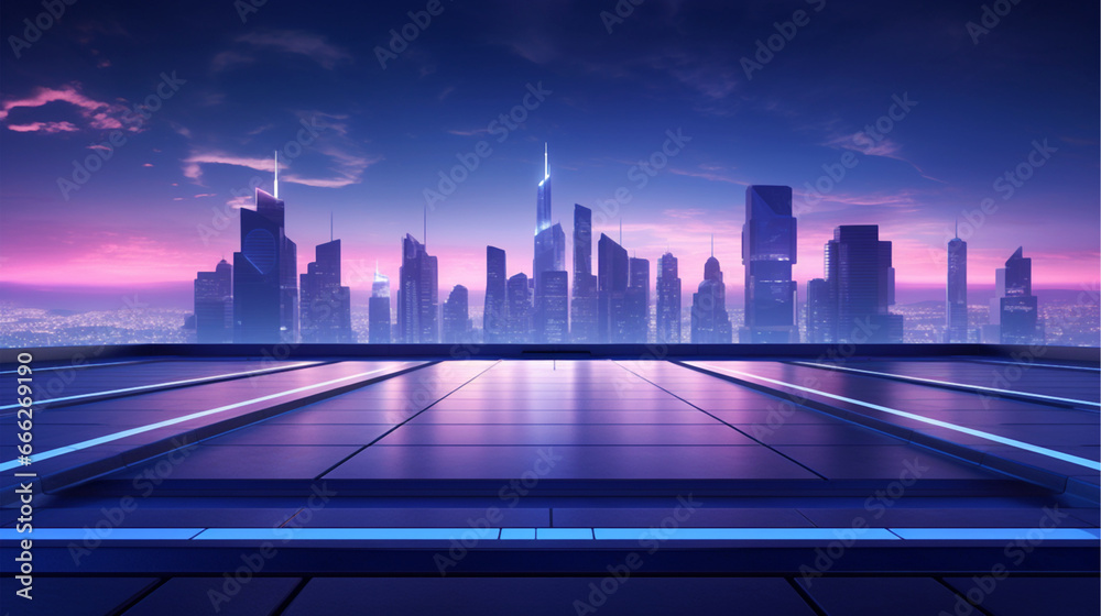 Abstract Neon Background with Binary Digits,  abstract background of virtual software environment, illuminated of rooftop futuristic architecture and empty floor