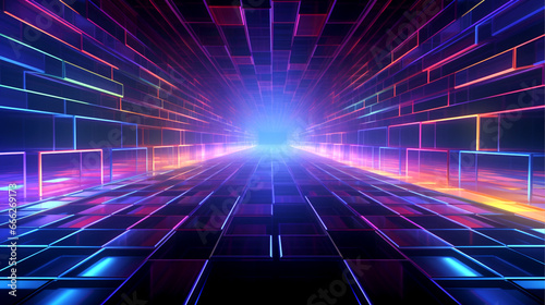 Abstract Neon Background with Binary Digits   abstract background of virtual software environment  illuminated of rooftop futuristic architecture and empty floor