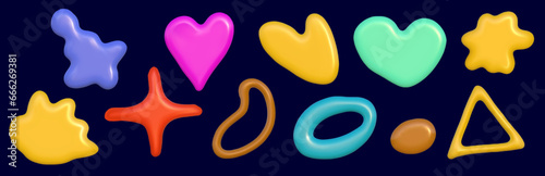 3d abstract y2k element set. Plastic colorful playful doodle shape. 3d vector render.