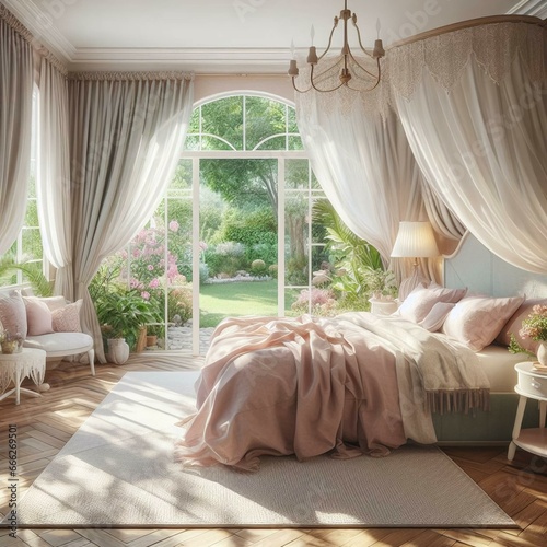 Cozy bedroom with a canopy bed, soft pastel color scheme, and a large bay window overlooking a lush garden. Elegant and serene bedroom decor © Carlos