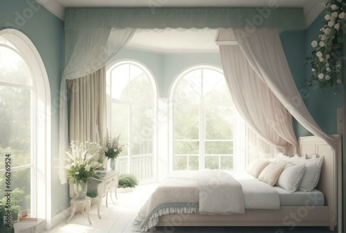 Cozy bedroom with a canopy bed, soft pastel color scheme, and a large bay window overlooking a lush garden. Elegant and serene bedroom decor