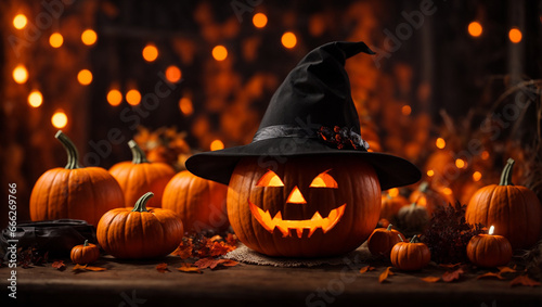 Halloween background, fantastic, glowing pumpkins, orange witch hats, bright background