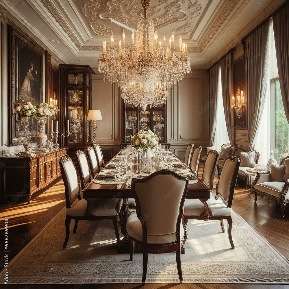 Elegant dining room with a crystal chandelier, mahogany dining table, and plush upholstered chairs. Classic and refined formal dining setting