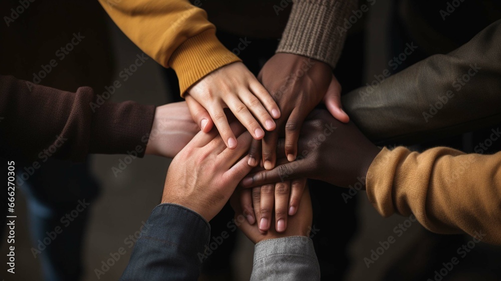 multiracial group with black african American Caucasian and Asian hands holding each other wrist in tolerance unity love 