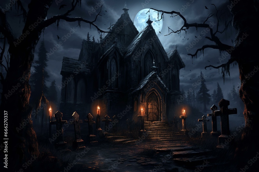 Candlelit vampire crypt lit by moonlight. Generative AI