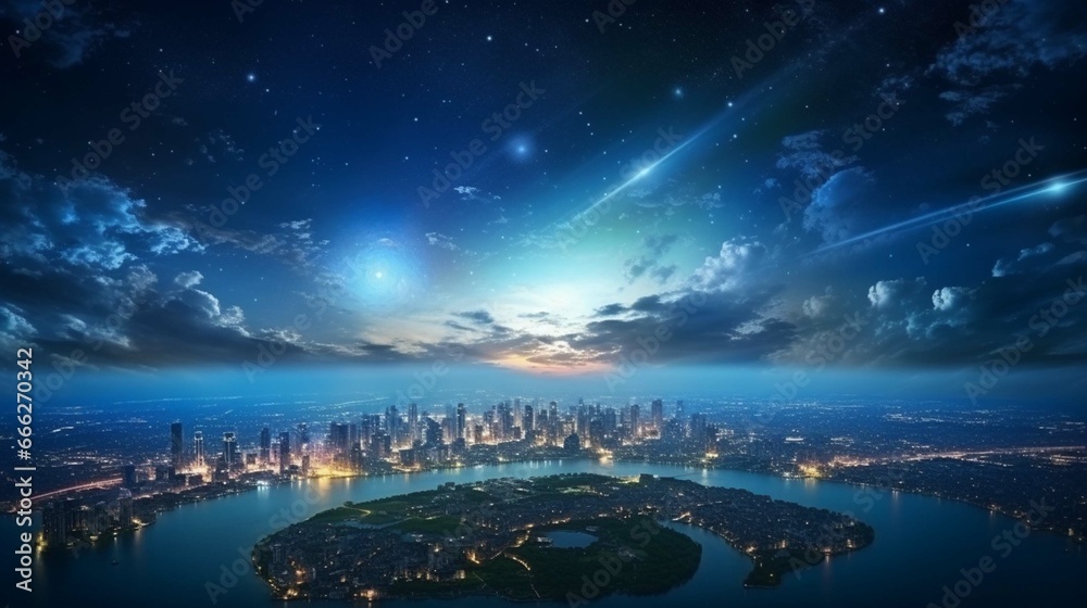  view on planet Earth globe from space. Glowing city lights, light clouds 