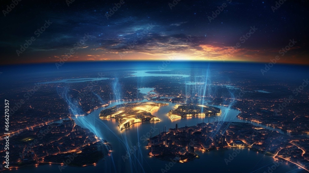  view on planet Earth globe from space. Glowing city lights, light clouds 