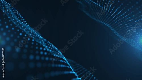 Abstract digital dynamic particle waves with light motion lights background, data flow, cyber technology. 3D rendering. Seamless loop 4k video. Screensaver video animation