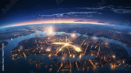 view on planet Earth globe from space. Glowing city lights  light clouds 