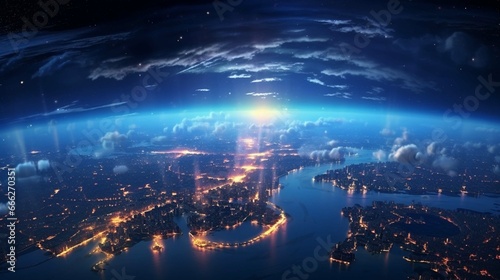  view on planet Earth globe from space. Glowing city lights, light clouds 