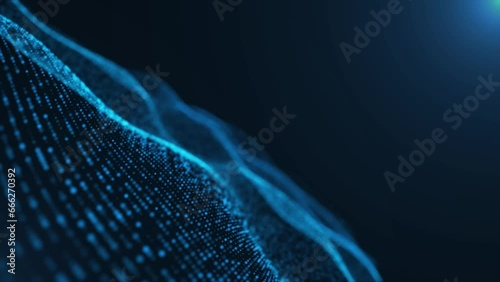Abstract digital dynamic particle waves with light motion lights background, data flow, cyber technology. 3D rendering. Seamless loop 4k video. Screensaver video animation