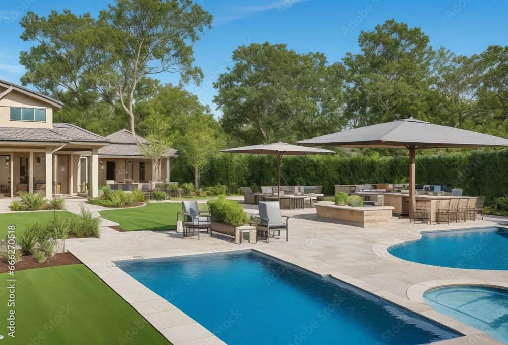 Expansive backyard with a pool, outdoor kitchen, and landscaped gardens. Luxurious outdoor living space for entertaining and relaxation