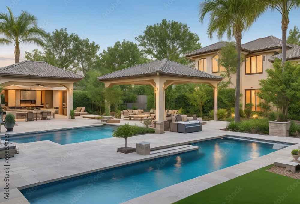 Fototapeta premium Expansive backyard with a pool, outdoor kitchen, and landscaped gardens. Luxurious outdoor living space for entertaining and relaxation
