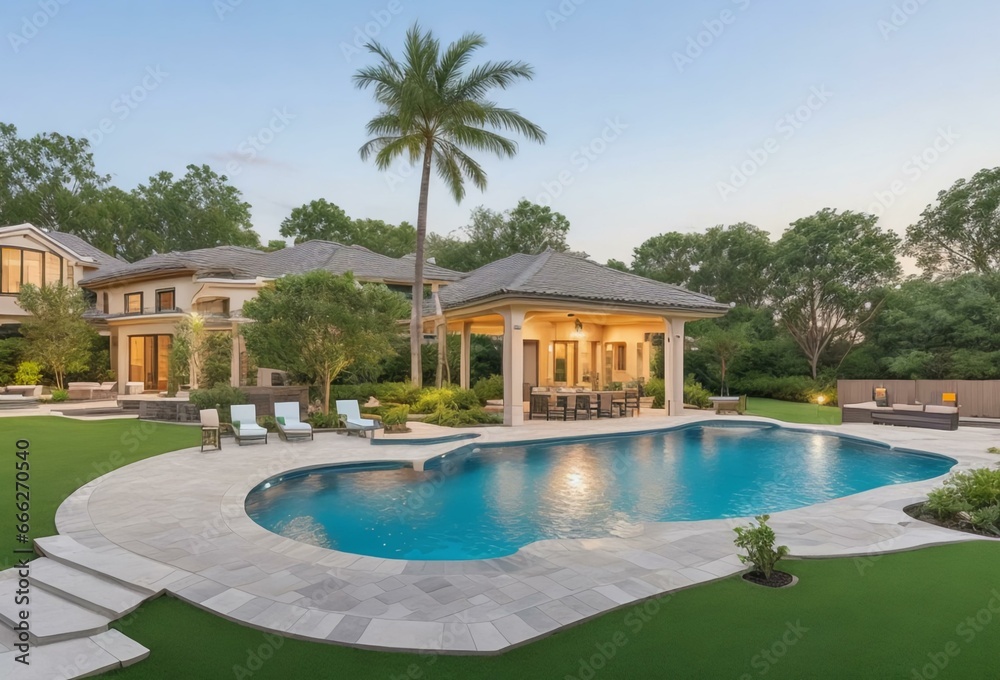 Expansive backyard with a pool, outdoor kitchen, and landscaped gardens. Luxurious outdoor living space for entertaining and relaxation