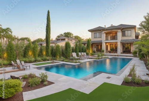 Expansive backyard with a pool, outdoor kitchen, and landscaped gardens. Luxurious outdoor living space for entertaining and relaxation © Carlos