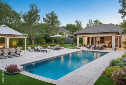 Expansive backyard with a pool, outdoor kitchen, and landscaped gardens. Luxurious outdoor living space for entertaining and relaxation © Carlos