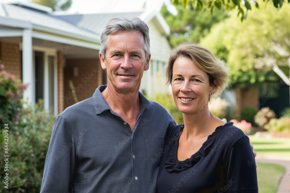 Couple standing proudly in front of a home. 