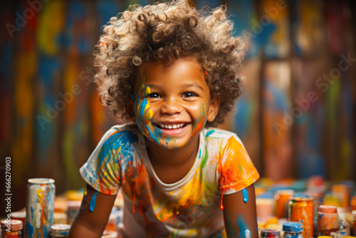 A little girl with paint all over her face. Finger painting activity. photo