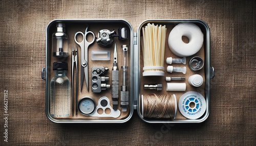 Photo réaliste d'un kit de survie compact dans une boîte métallique, avec ses outils disposés autour : une pince multifonction, un filtre à eau, une boussole et des pastilles purificatrices. 