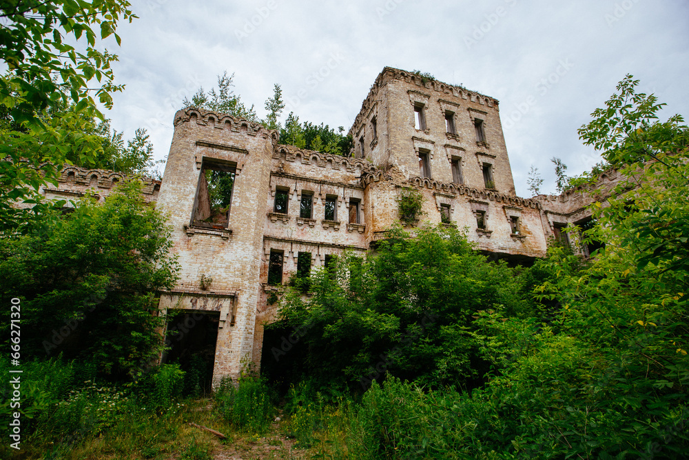 Old ruins of historical mansion Lopandino, Bryansk oblast, overgrown by vegetation green post-apocalyptic concept