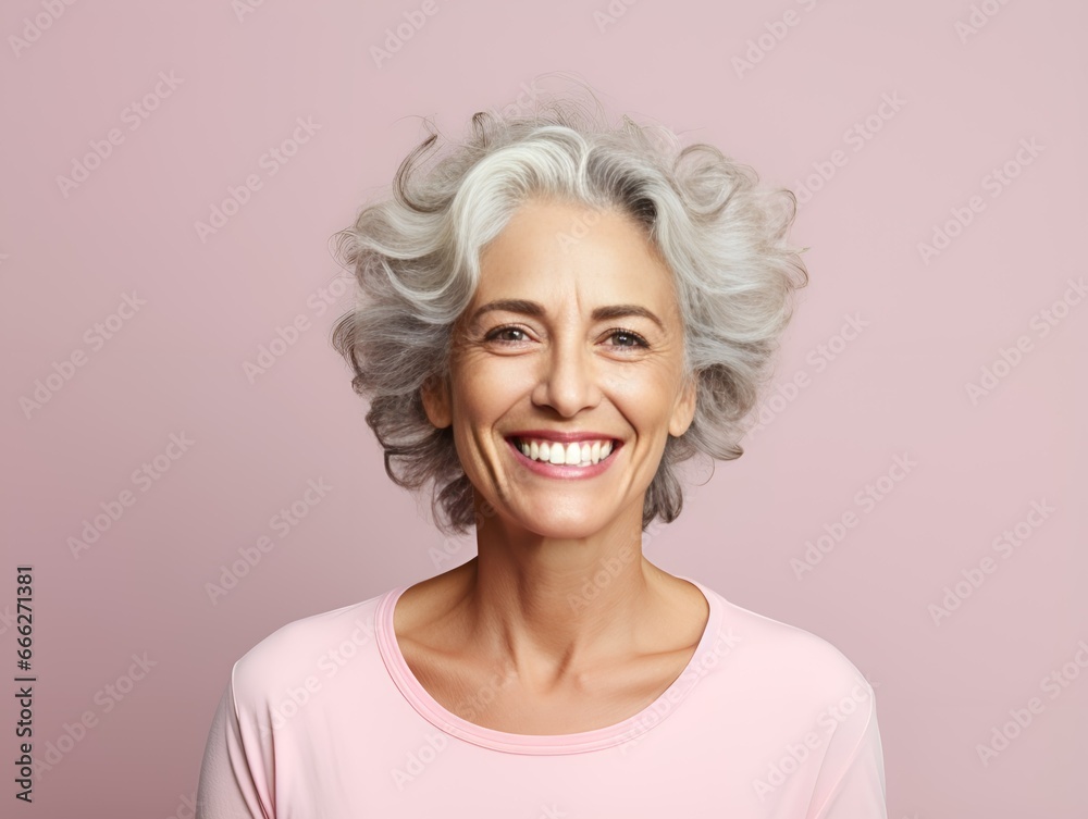 Beautiful mature woman smiling portrait. Isolated on a colored background. Generative AI.