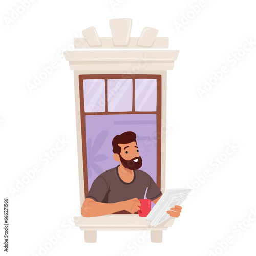 Man Sips Coffee, Engrossed In His Newspaper, Framed By The Window. A Tranquil Morning Moment Captured