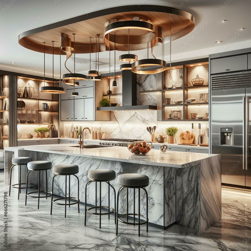 Stylish kitchen with marble countertops, stainless steel appliances, and a central island with bar stools. Modern culinary space for the home chef