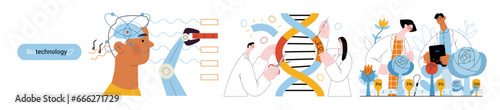 Bio Technology -modern flat vector concept illustration of improving aspects of healthcare, agriculture, environmental sustainability, industrial processes. Metaphor of bridging Science and Nature