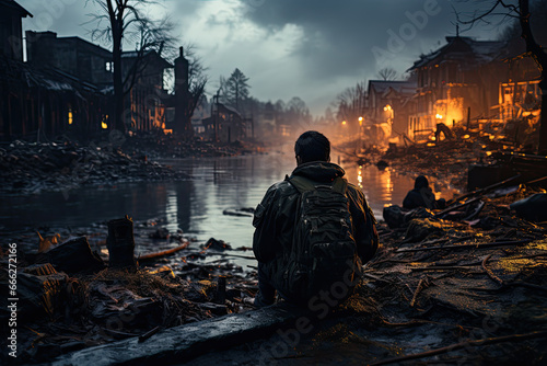 Mature man with a backpack is sitting on the street of an apocalyptic ruined city on a dank rainy afternoon in autumn photo