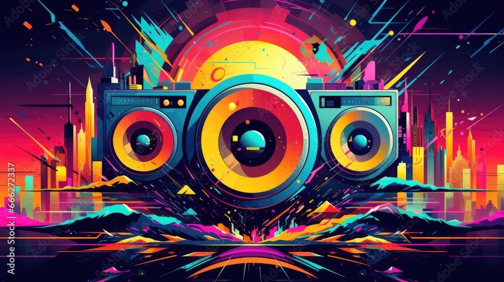A colorful illustration of a boombox with a city in the background. Vibrant pop art image.