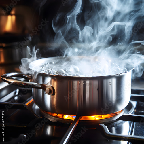Water boiling in a pot on a kitchen stove 