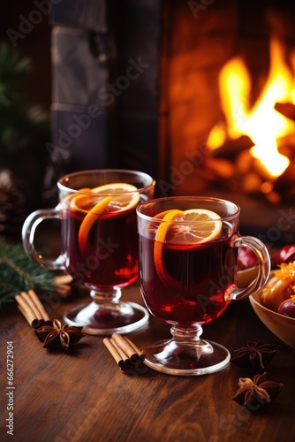 Christmas hot mulled red wine with spices and fruits on a wooden rustic table against the backdrop of a burning fireplace. Traditional hot alcoholic drink for Christmas. winter warming drink.