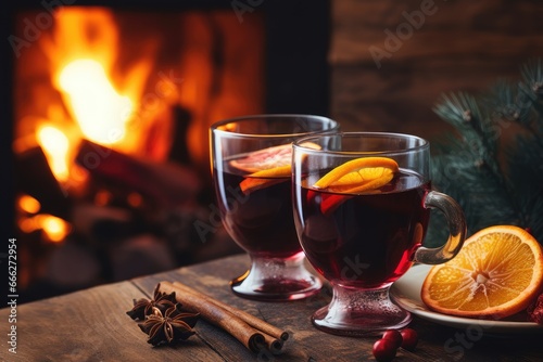 Christmas hot mulled red wine with spices and fruits on a wooden rustic table against the backdrop of a burning fireplace. Traditional hot alcoholic drink for Christmas. winter warming drink. photo