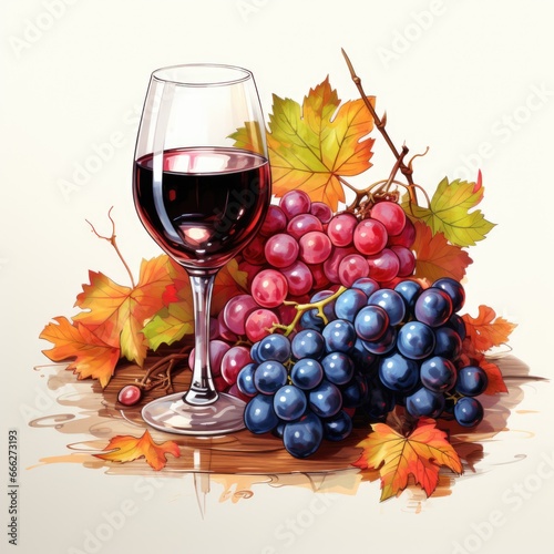 A painting of a glass of wine and grapes. Autumn clip art.