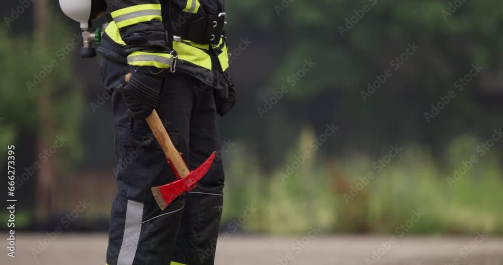closeup shoot of Firefighter with Axe Walking Outside closeup shoot of Firefighter with Axe Walking Outside